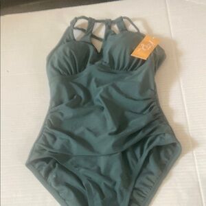 Kona Sol Green Ruched One Piece Swimsuit with Racerback
